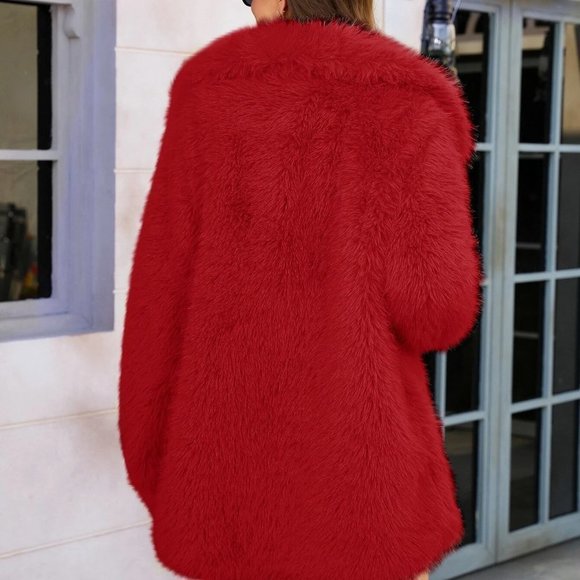 Lapel Neck Slant Pockets Faux fur Coat Red - Picture 3 of 7